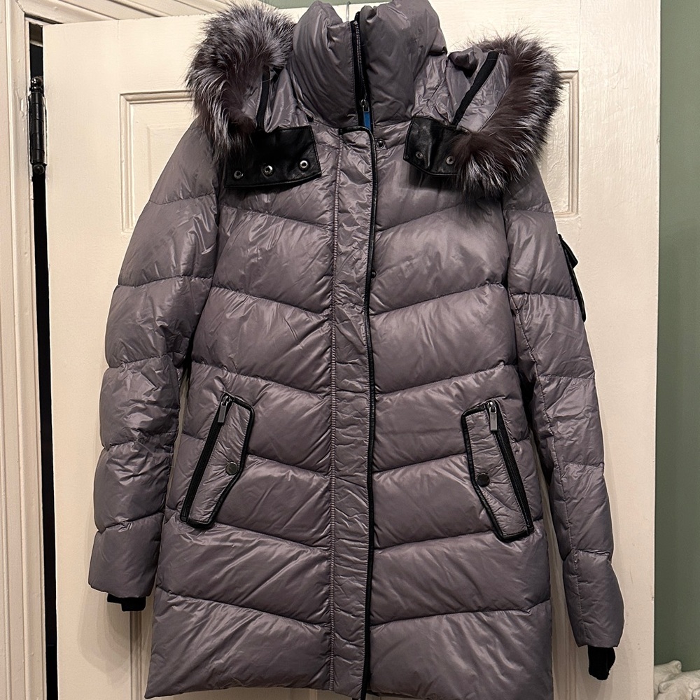Badgley Mischka Silver Puffer Coat with Real Fox Fur and Leather Detailing